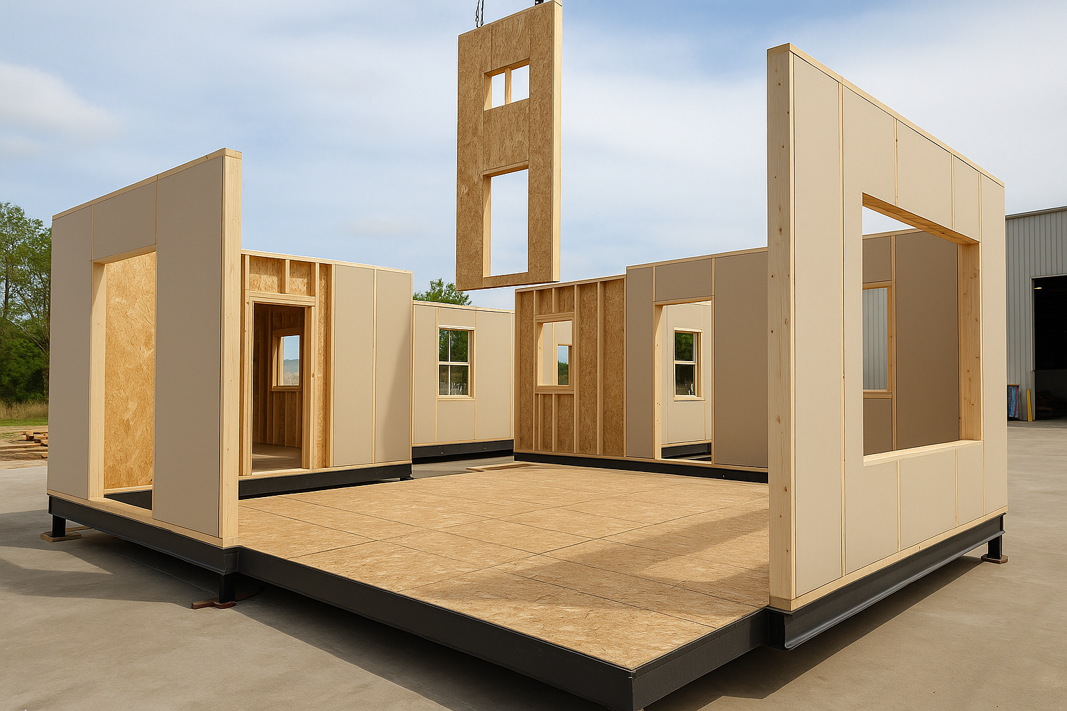 Prefabricated wall panels being installed at an off-site construction site, showing panelized assembly of a single-story home.
